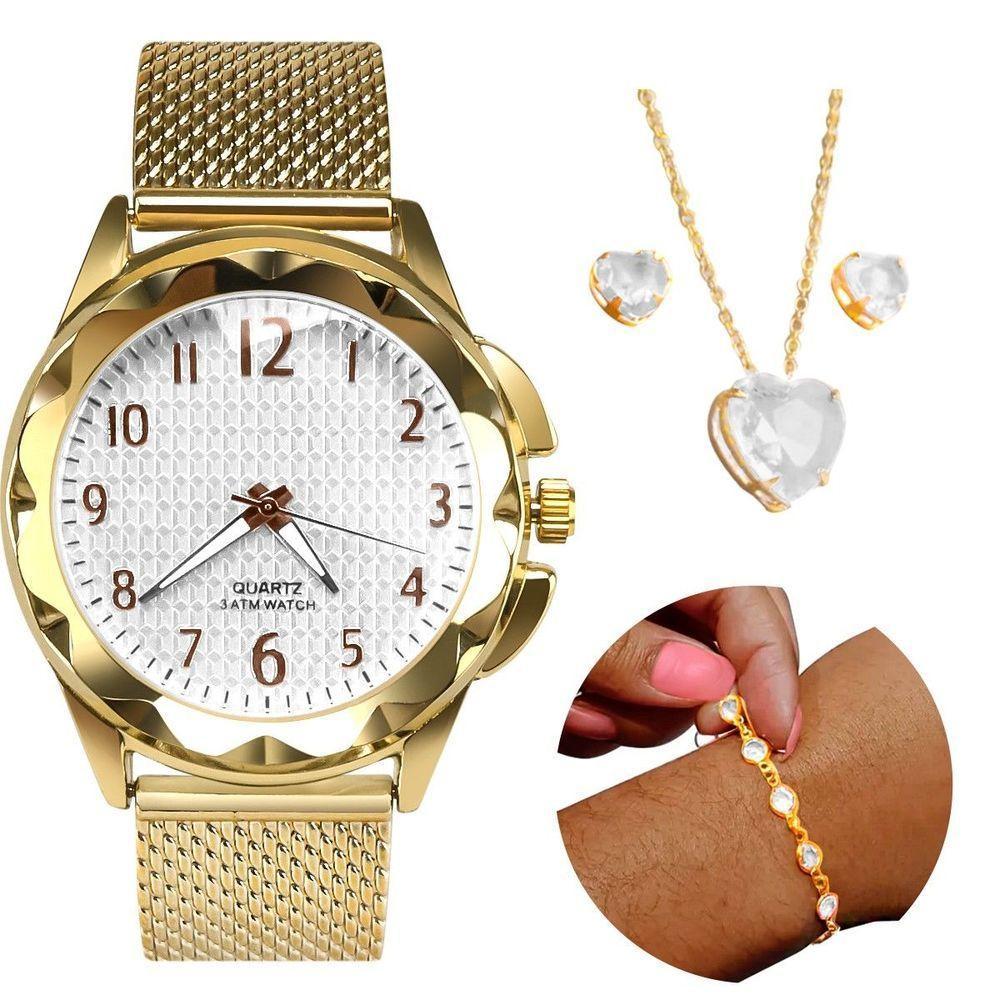 Relogio Feminino Prova Dagua Pulseira Colar Dourado + Pulseira Presente Qualidade Premium Coração - 4