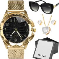 Relogio Feminino Dourado + Proteção Uv Oculos Sol Moda Silicone Colar E Brincos Prova Dagua Presente - 1