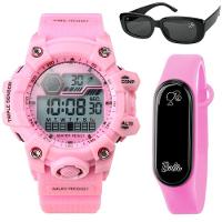 Relogio Digital Prova Dagua Rosa Infantil + Oculos Sol Esportivo Silicone Alarme Cronometro Criança - 1