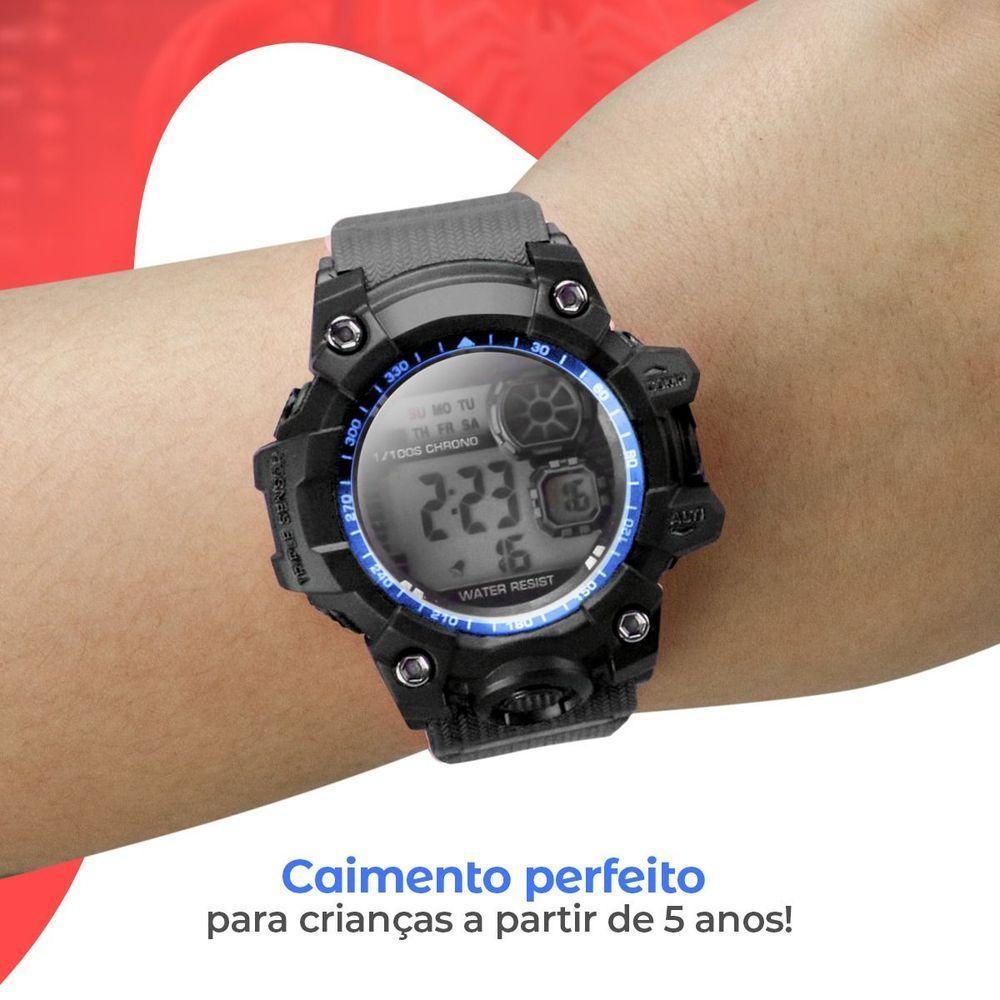Caixa + Relógio Prova Dagua Infantil + Oculos Protecao Uv Ajustavel Alarme Resistente Menino Criança - 6