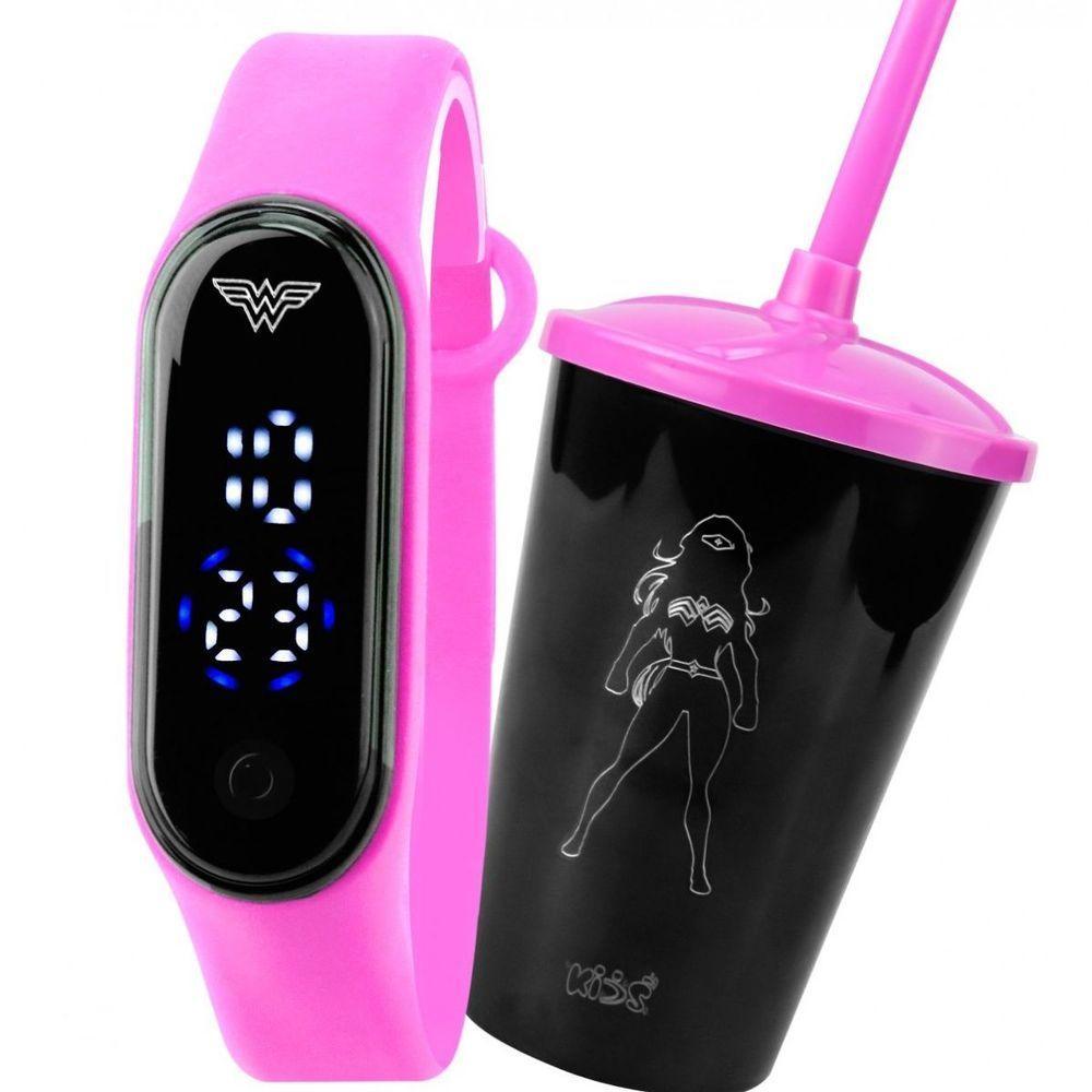 Copo Mulher Maravilha Infantil Relogio Digital Prova Dagua  Rosa Silicone Data Menina - 1