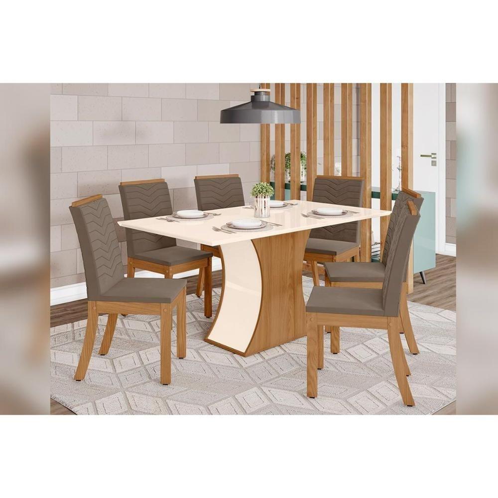 Sala de Jantar Completa Luiza c/ Tampo Madeirado 160cm + 6 Cadeiras Isa Nature/Veludo Light Bege Vanilla - Henn - 1