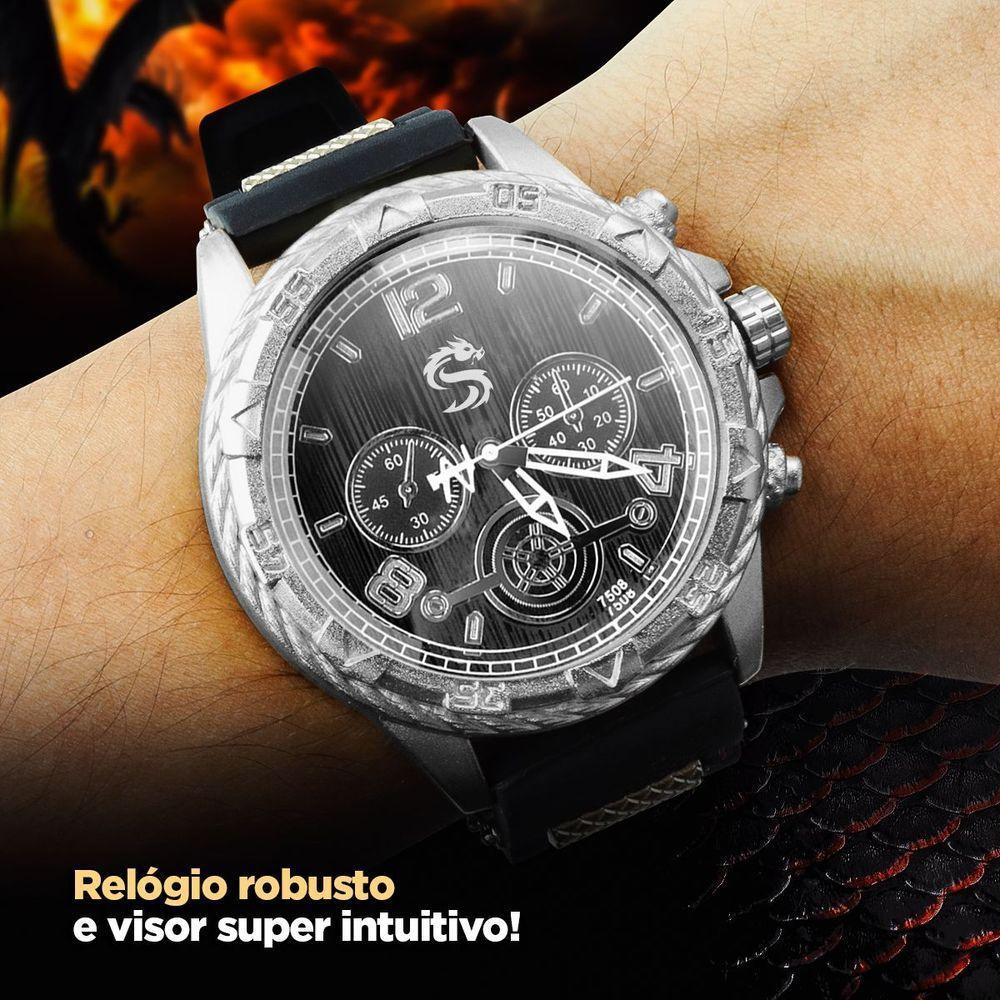 Relogio Masculino Grande  Aço Inox Prata + Caixa Preto Presente Pesado  Analogico - 3