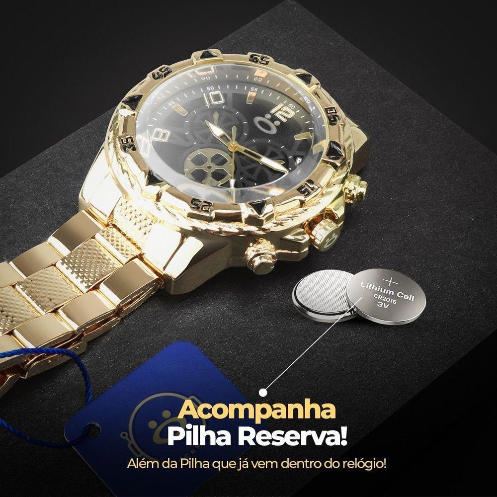 Relógio Masculino Aço Banhado + Pulseira + Cordão Crucifixo Presente Inoxidável Preto Dourado Social - 4