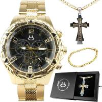 Relógio Masculino Aço Banhado + Pulseira + Cordão Crucifixo Presente Inoxidável Preto Dourado Social - 1