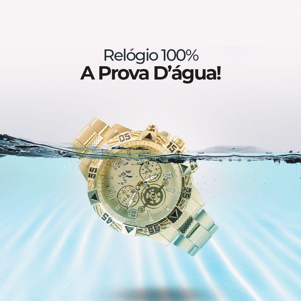 Relogio Masculino Banhado Ouro Aço + Pulseira + Crucifixo Casual Grande Pesado Social Prova Dagua - 2