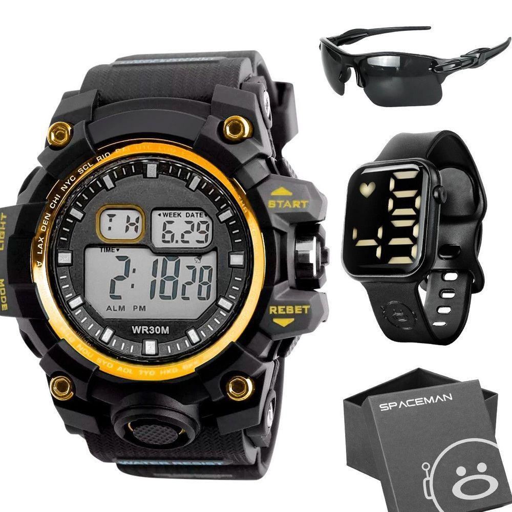 Relogio Digital Prova Dagua + Oculos Sol Protecao Uv + Caixa Preto Alarme Robusto Grande Ajustavel - 1