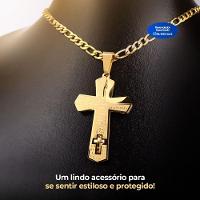 Pingente Cruz Pai Nosso + Cordão Aço Banhado Ouro + Pulseira Qualidade Premium  Presente