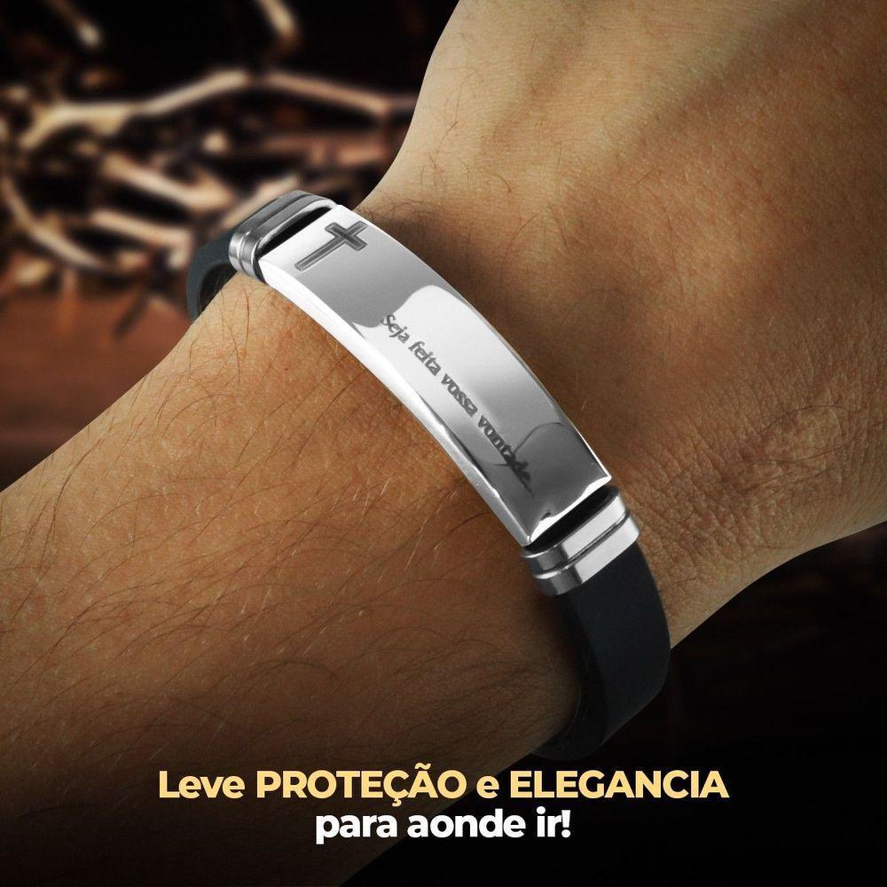 Pulseira Masculina Prata Placa Aço Inox Pai Nosso + Caixa Casual  Presente Ajustavel Social - 2