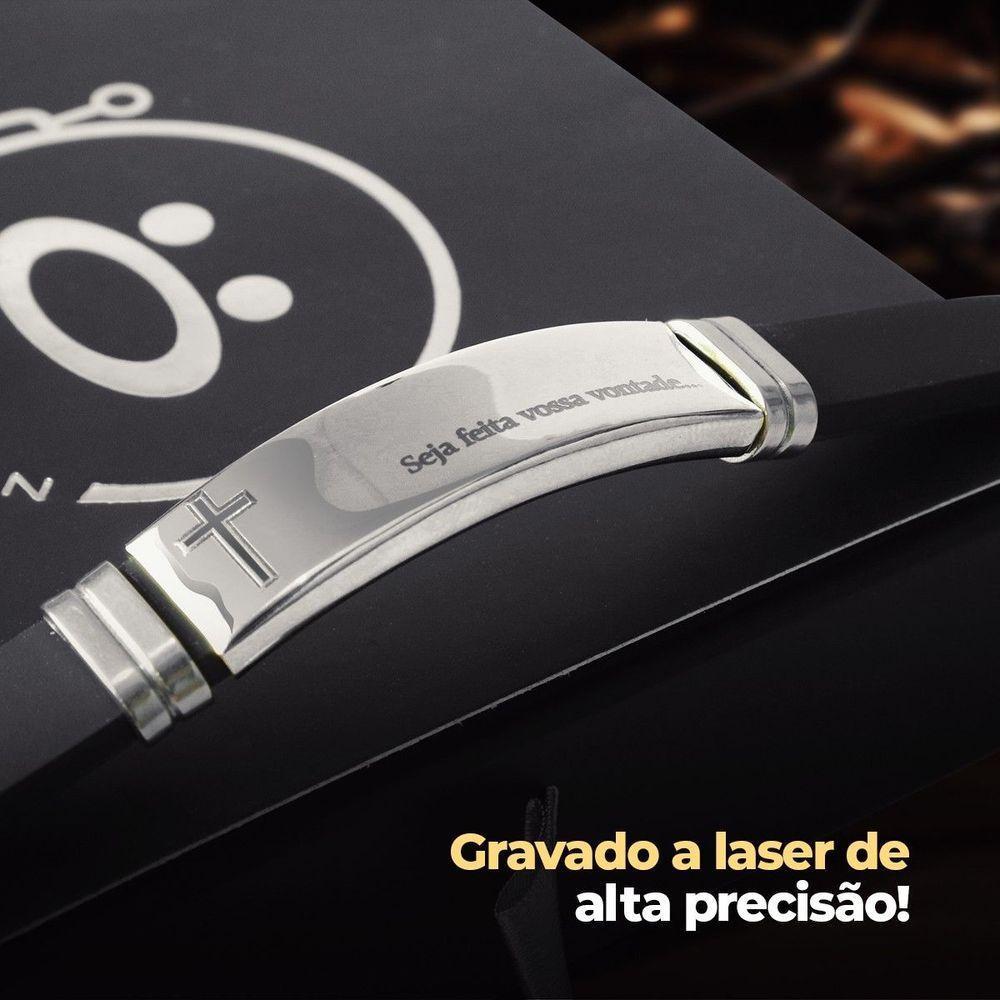 Pulseira Masculina Prata Placa Aço Inox Pai Nosso + Caixa Casual  Presente Ajustavel Social - 3