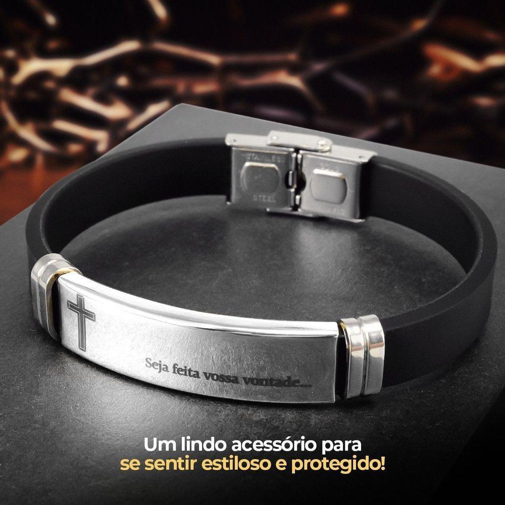Pulseira Masculina Prata Placa Aço Inox Pai Nosso + Caixa Casual  Presente Ajustavel Social - 6