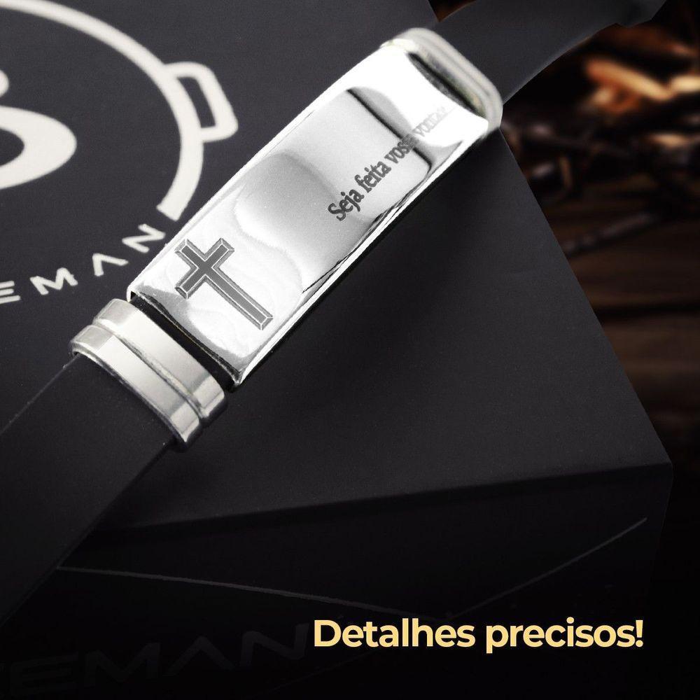 Pulseira Masculina Prata Placa Aço Inox Pai Nosso + Caixa Casual  Presente Ajustavel Social - 7
