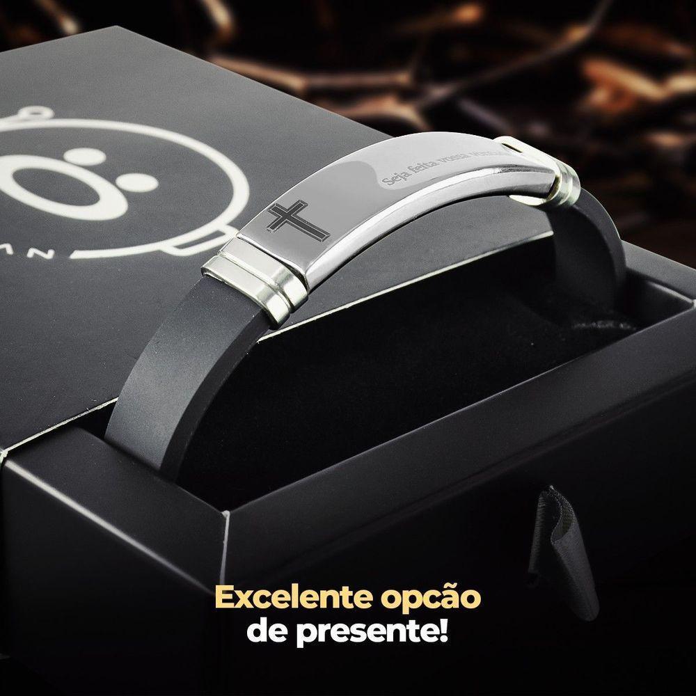 Pulseira Masculina Prata Placa Aço Inox Pai Nosso + Caixa Casual  Presente Ajustavel Social - 9