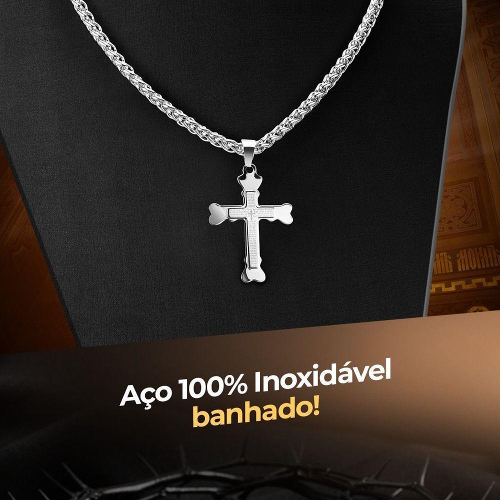 Caixa + Corrente Aço Inox Prata + Pingente Cruz Pai Nosso Estiloso Proteção Qualidade Premium Casual - 3