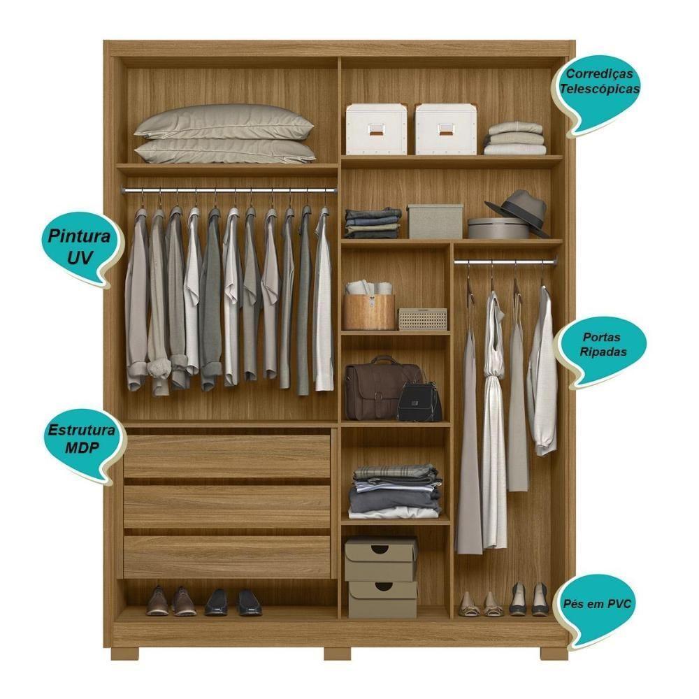 Guarda Roupa Casal 4 Portas 3 Gavetas Ripado Califórnia - Freijó - Off White - 3
