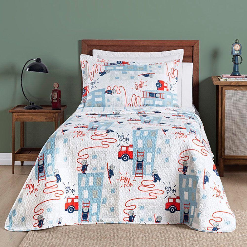 Kit Cobre Leito Colcha Solteiro Infantil Fantasy Dupla Face Microfibra 2 Peças - Bombeiro Branco - 1