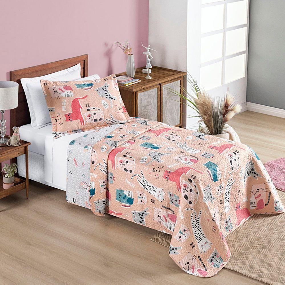 Kit Cobre Leito Colcha Solteiro Infantil Fantasy Dupla Face Microfibra 2 Peças - Gatinha Rosê - 4