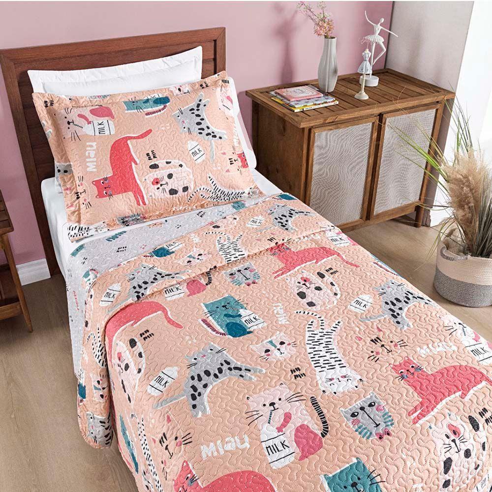 Kit Cobre Leito Colcha Solteiro Infantil Fantasy Dupla Face Microfibra 2 Peças - Gatinha Rosê - 5
