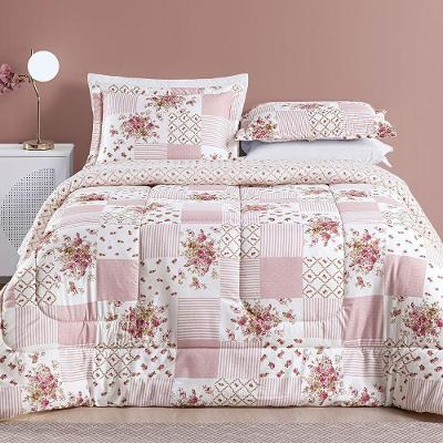 Kit Edredom Dallas Super King Dupla Face Microfibra 3 Peças - Rosa Matura Patchwork