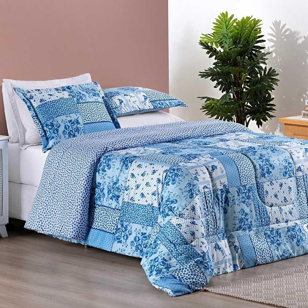 Kit Edredom Dallas Super King Dupla Face Microfibra 3 Peças - Azul Sereno Patchwork - 3