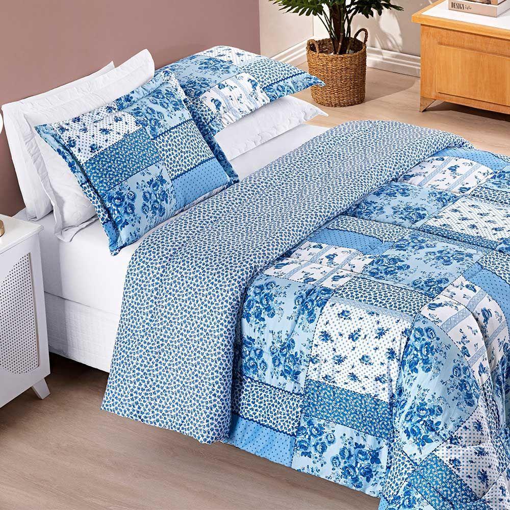 Kit Edredom Dallas Queen Dupla Face Microfibra 3 Peças - Azul Sereno Patchwork - 2