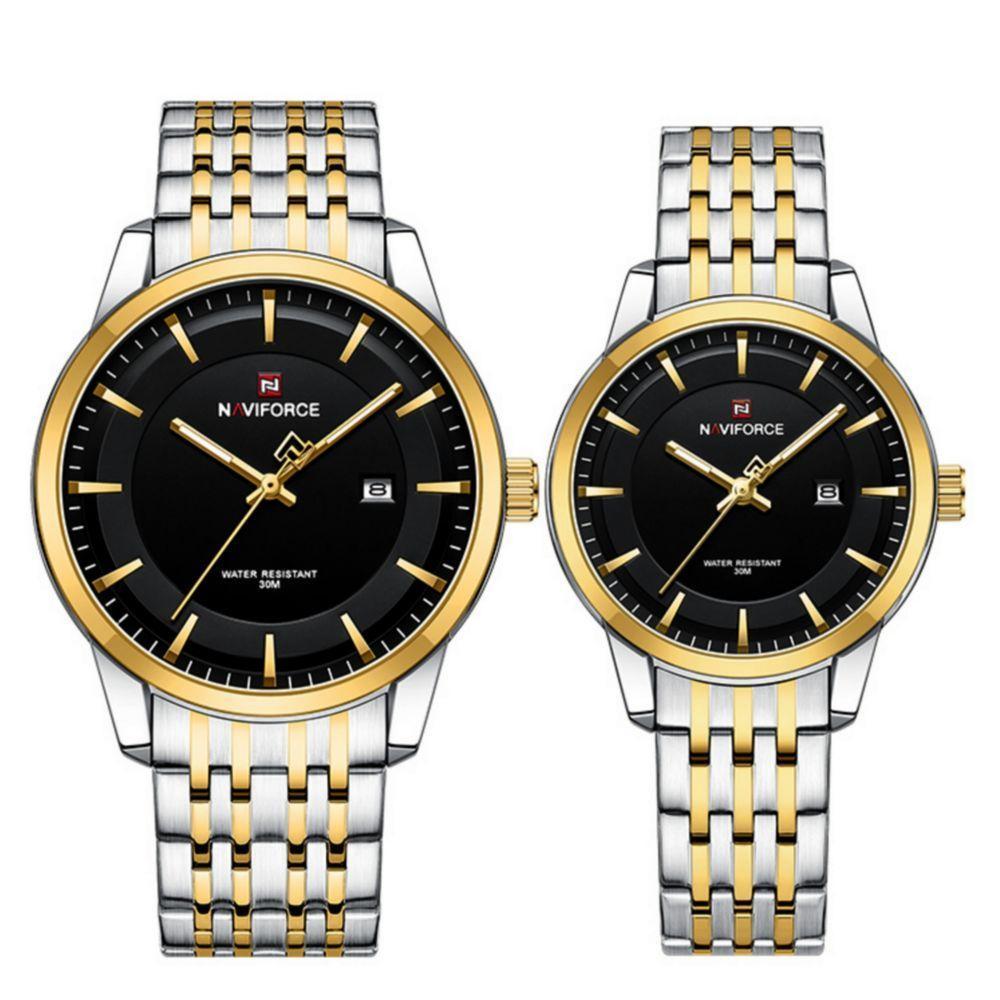 Conjunto Relógio De Quartzo Data Automática Em Aço Inoxidável Impermeavel Preto Dourado - 1