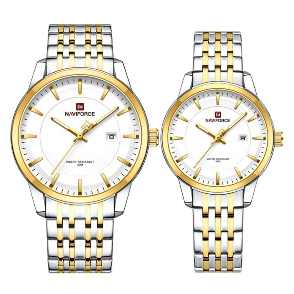 Conjunto Relógio De Quartzo Data Automática Em Aço Inoxidável Impermeavel Branco Dourado - 1