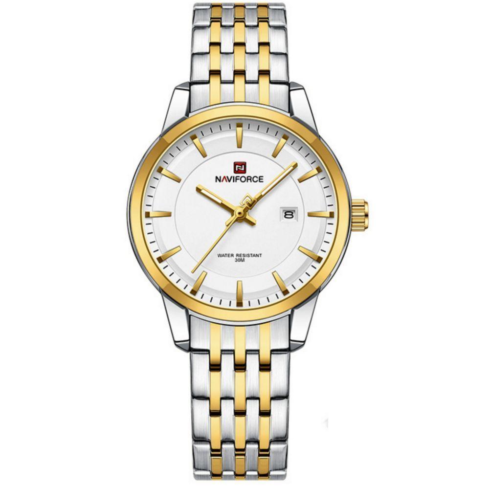 Conjunto Relógio De Quartzo Data Automática Em Aço Inoxidável Impermeavel Branco Dourado - 2