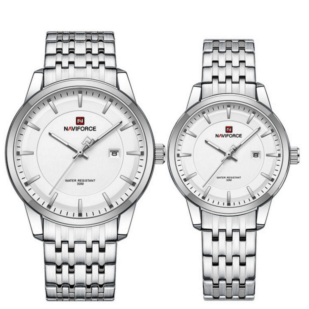 Conjunto Relógio De Quartzo Data Automática Em Aço Inoxidável Impermeavel Branco - 1