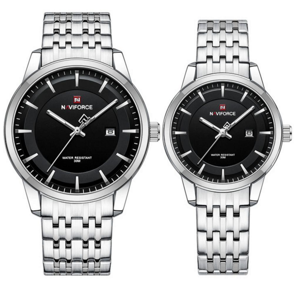 Conjunto Relógio De Quartzo Data Automática Em Aço Inoxidável Impermeavel Prata - 1