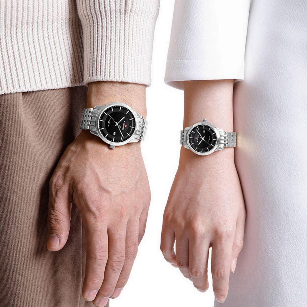 Conjunto Relógio De Quartzo Data Automática Em Aço Inoxidável Impermeavel Prata - 2