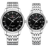 Conjunto Relógio De Quartzo Data Automática Em Aço Inoxidável Impermeavel Prata - 1