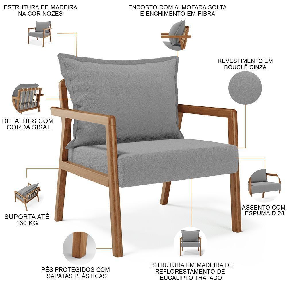Kit 02 Poltronas Decorativa Para Sala De Estar Alícia B04 Bouclê Cinza - 5