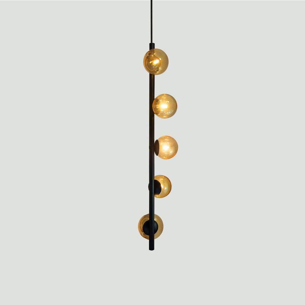 Lustre Vertical Figo Preto - 5 Globos Esfera De Vidro âmbar - 4