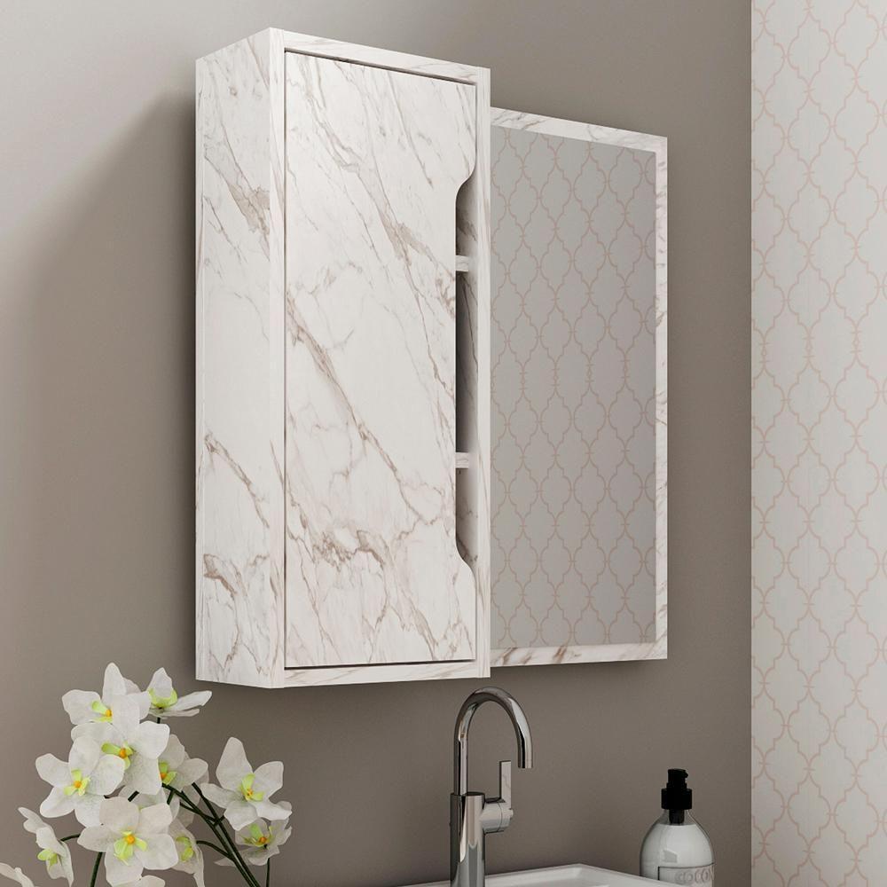 Espelheira Para Banheiro 60 Cm 1 Porta Bn3648 Marmore Branco Tecno Mobili Marmore Branco - 6