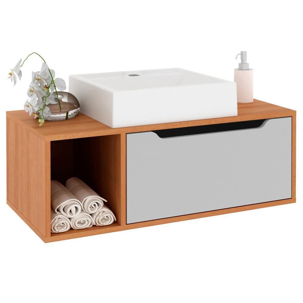 Gabinete 1 Porta Com Cuba Para Banheiro Bn3600x44 Amendoa Branco Tecno Mobili Amendoa Branco - 1