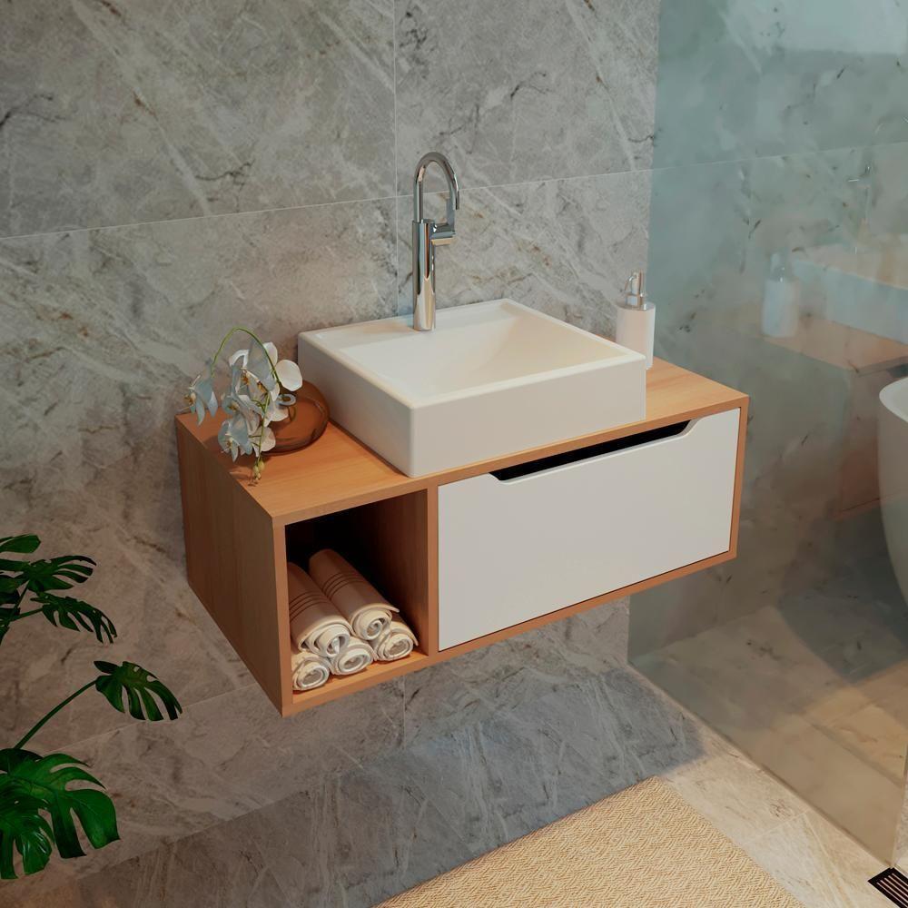 Gabinete 1 Porta Com Cuba Para Banheiro Bn3600x44 Amendoa Branco Tecno Mobili Amendoa Branco - 2