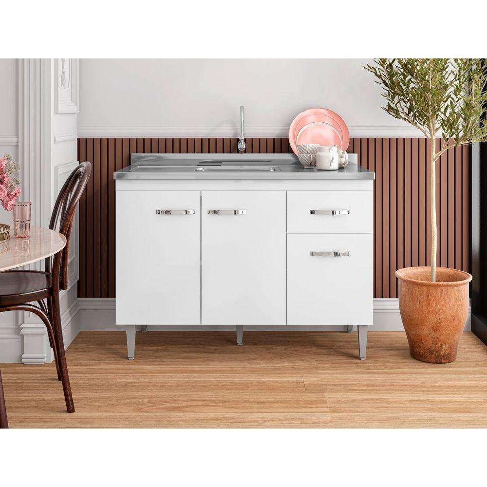 Balcão Armário Para Cozinha Com Tampo 120 Cm Gabriela Branco-branco - 4