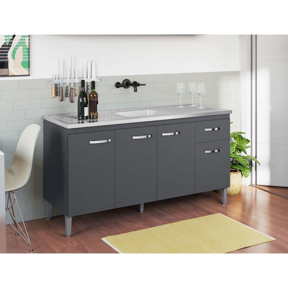 Balcão Armário Para Cozinha Com Tampo 150 Cm Gabriela Cinza Fosco - 1