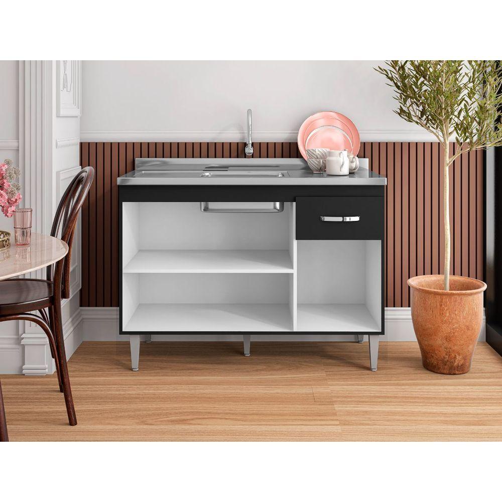 Balcão Armário Para Cozinha Com Tampo 120 Cm Gabriela Branco-preto Flex - 2
