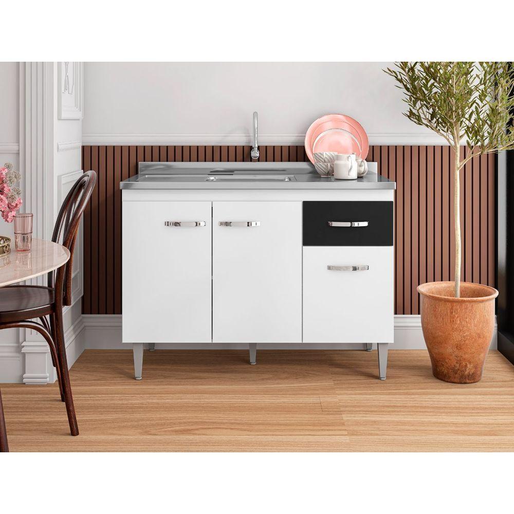 Balcão Armário Para Cozinha Com Tampo 120 Cm Gabriela Branco-preto Flex - 3