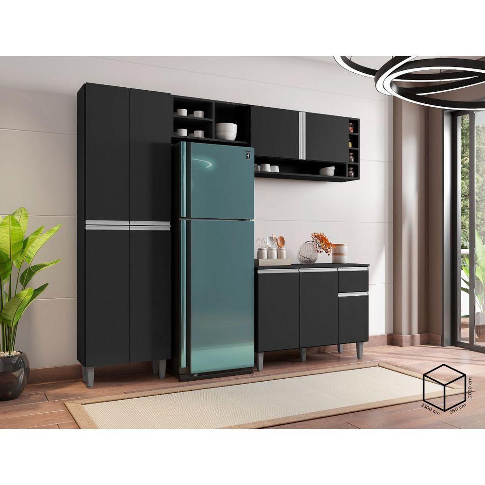 Balcão Para Cozinha E Armário Aéreo Vanessa Com 5 Peças Preto Fosco - 4
