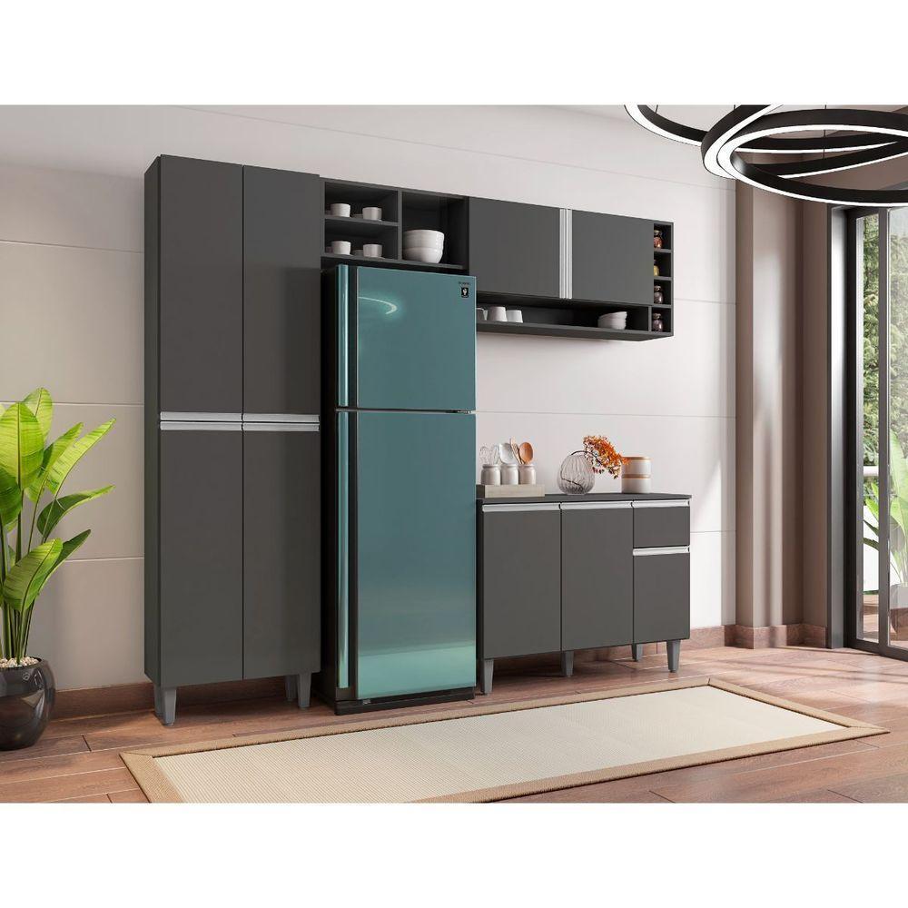 Balcão Para Cozinha E Armário Aéreo Vanessa Com 5 Peças Cinza Fosco - 1