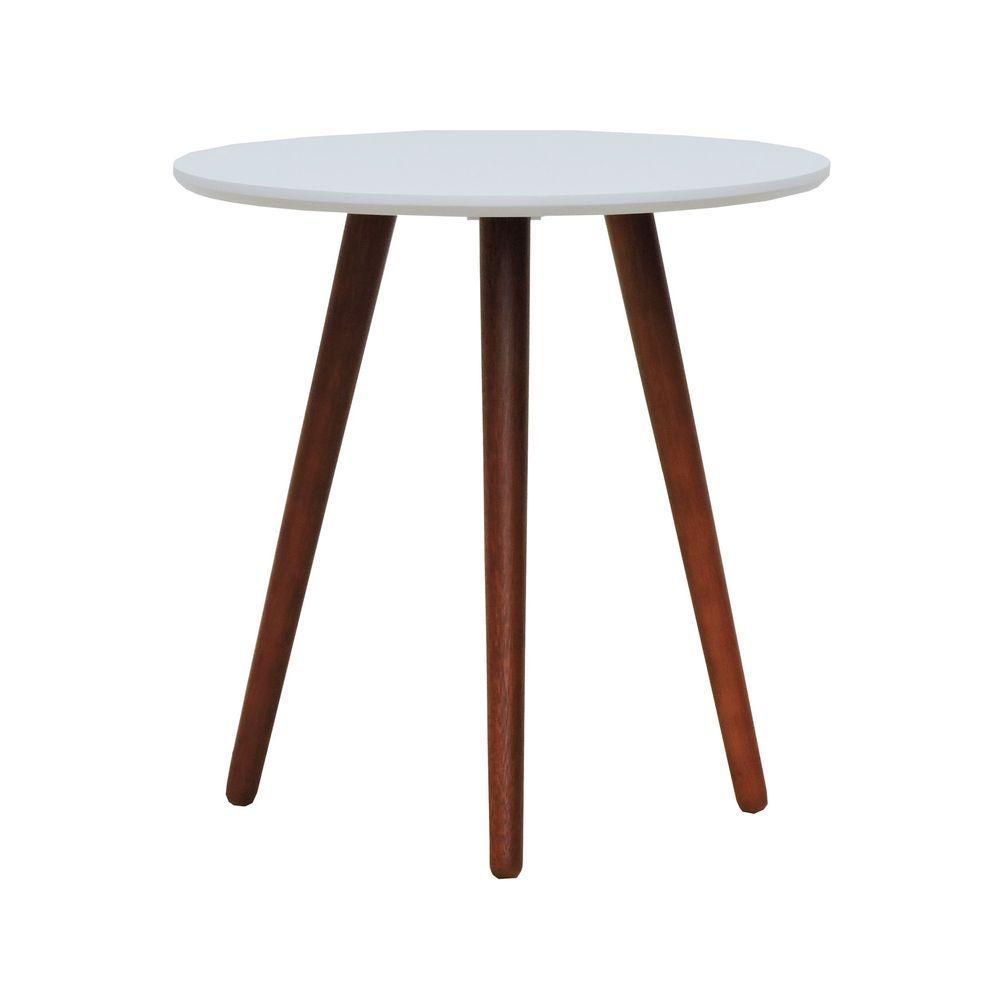 Mesa Lateral Tripé Tampo Mdf E Pés Madeira Eucalipto Maciço - Amêndoa Branco - 2