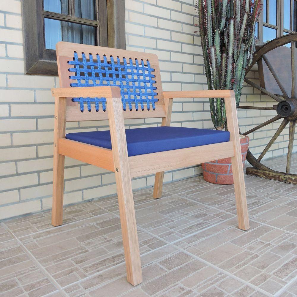 Poltrona Garden Madeira Maciça Assento Estofado Encosto Trançado Corda - Natural Acquablock Azul - 4