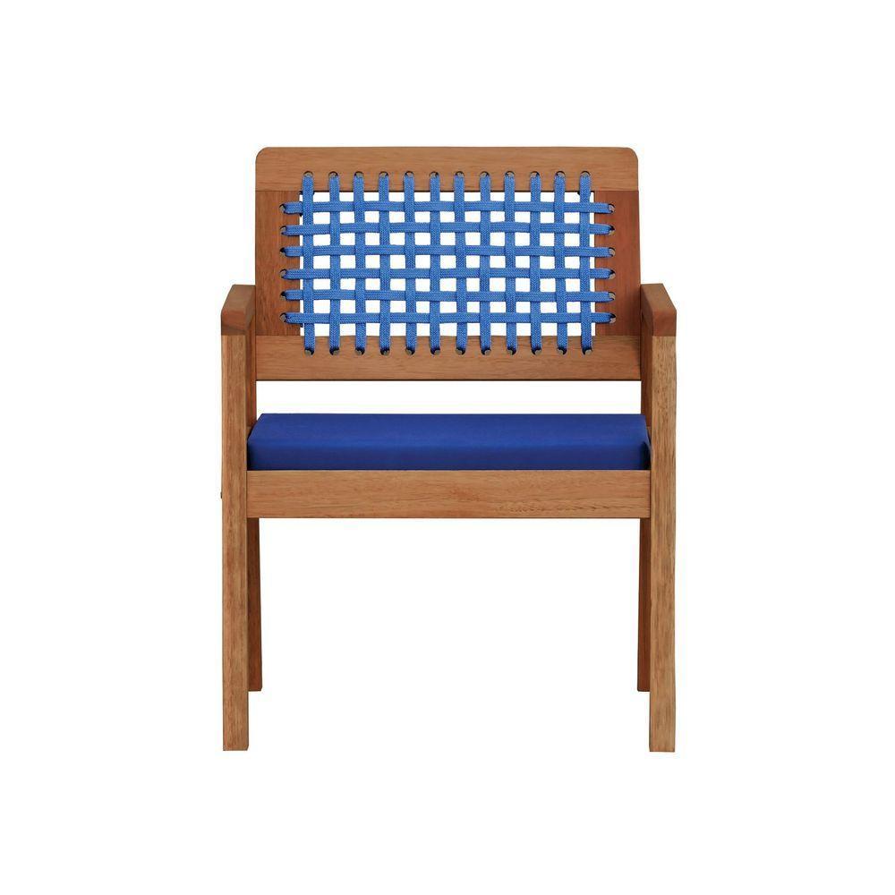 Poltrona Garden Madeira Maciça Assento Estofado Encosto Trançado Corda - Natural Acquablock Azul - 6