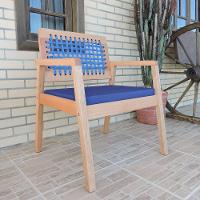 Poltrona Garden Madeira Maciça Assento Estofado Encosto Trançado Corda - Natural Acquablock Azul