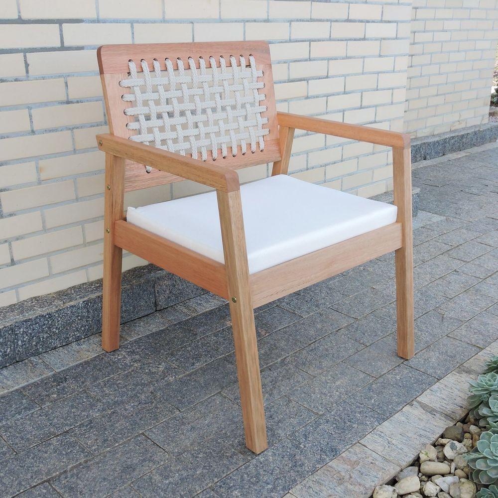 Poltrona Garden Madeira Maciça Assento Estofado Encosto Trançado Corda - Natural Acquablock Bege - 7