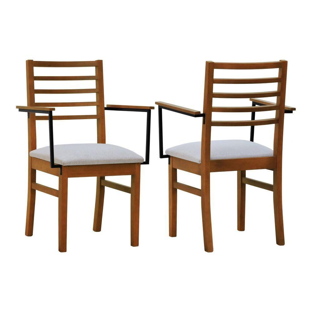 Kit 2 Cadeiras Tiê Madeira Maciça Encosto Ripado C-braço Metal - Amêndoa Assento Estof. Linho Bege Mescla Impermeável - 1