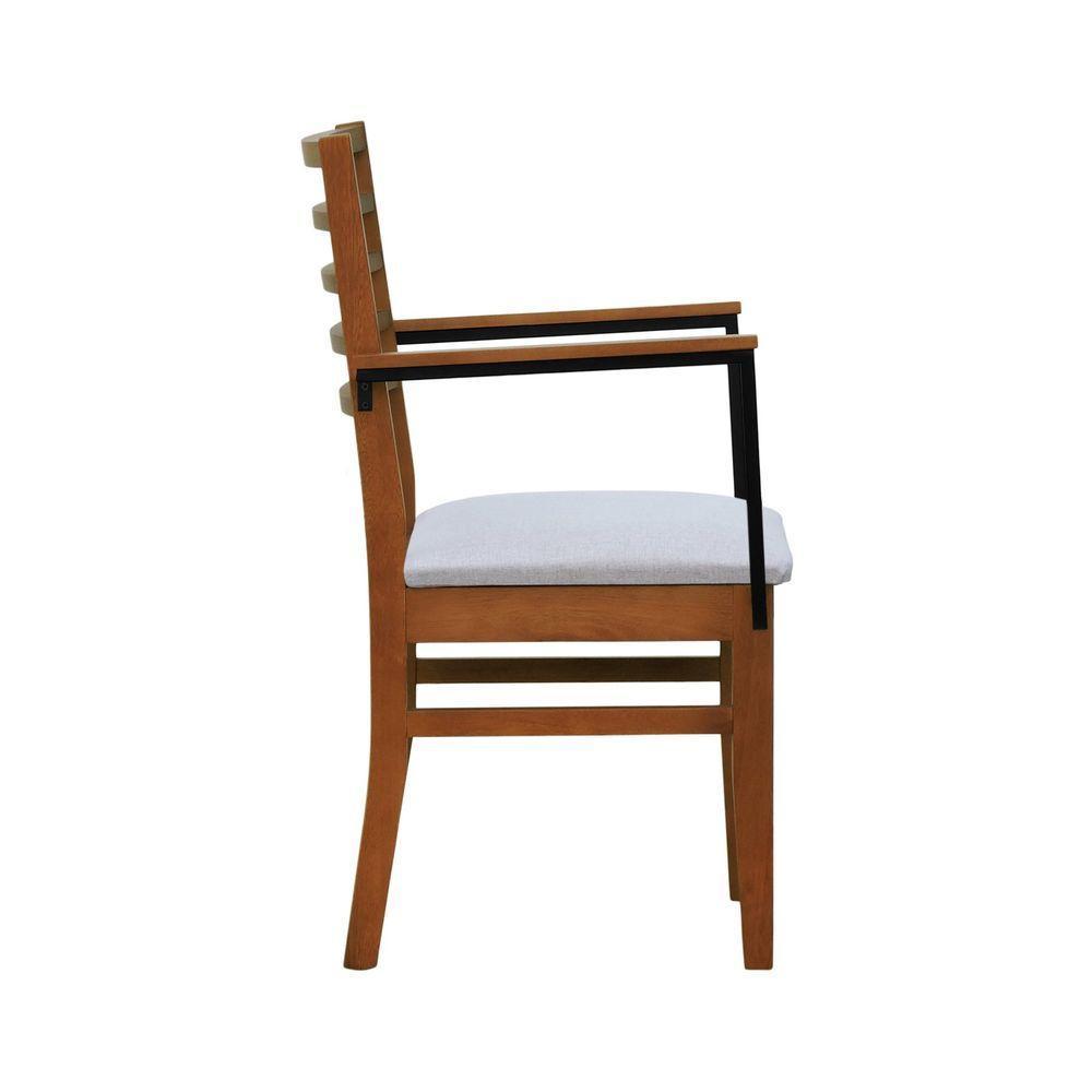 Kit 2 Cadeiras Tiê Madeira Maciça Encosto Ripado C-braço Metal - Amêndoa Assento Estof. Linho Bege Mescla Impermeável - 4